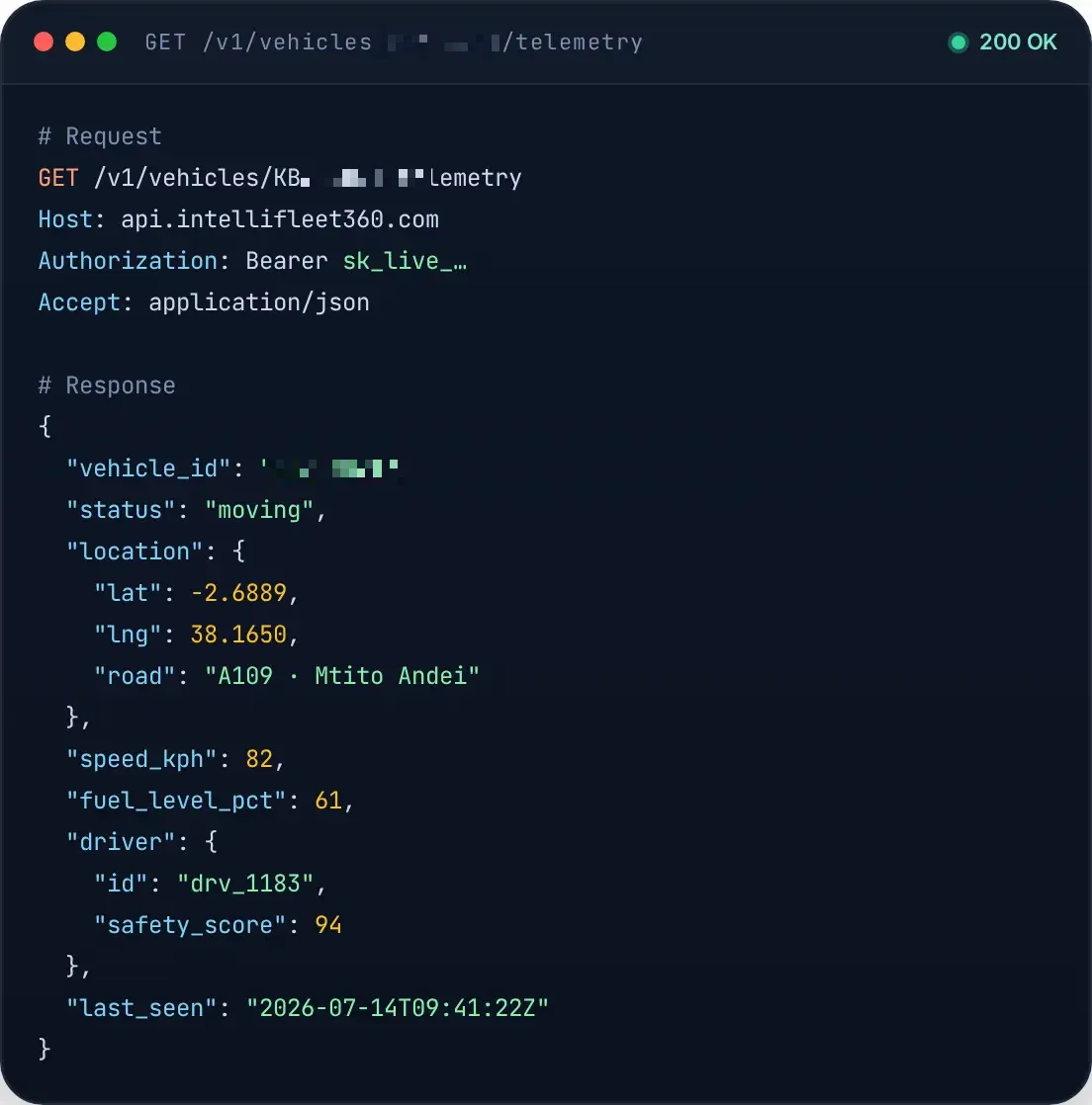 GET /v1/vehicles/KBZ-402T/telemetry — request and live JSON telemetry response