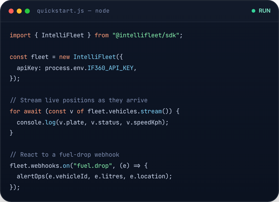 quickstart.js — stream live vehicle positions and react to alert webhooks with the IntelliFleet SDK