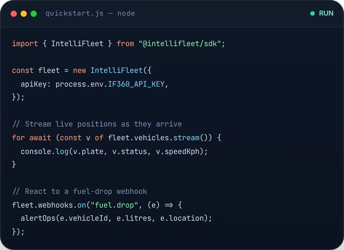 quickstart.js — stream live vehicle positions and react to alert webhooks with the IntelliFleet SDK