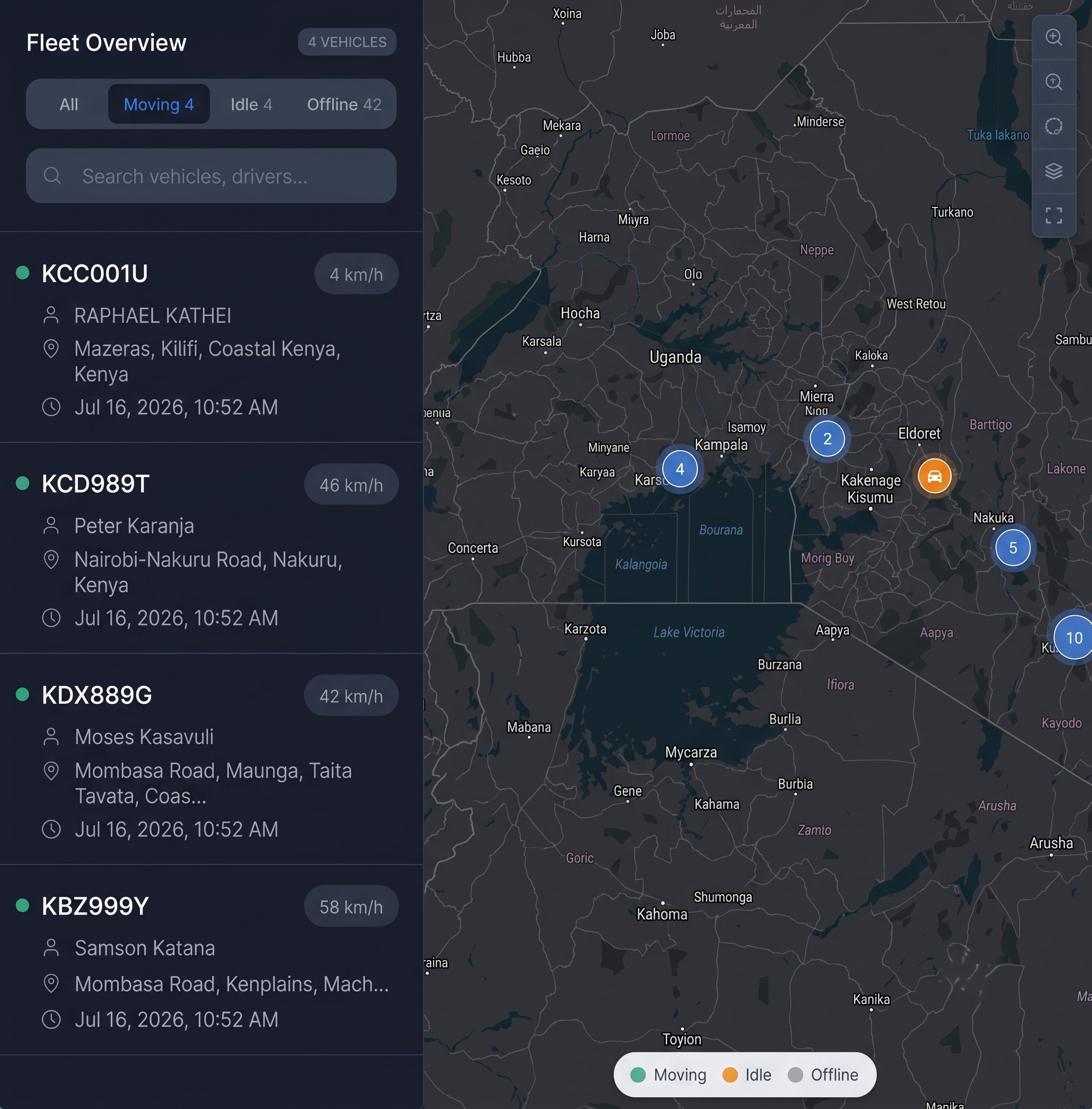 Customer fleet command view — live map and vehicle list from an East African fleet