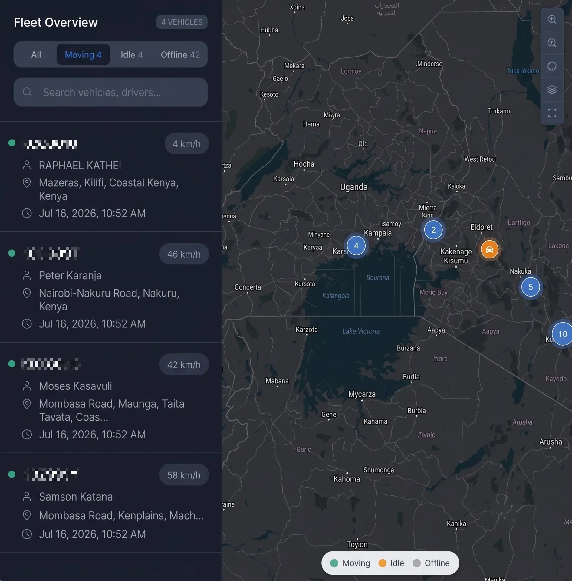 Customer fleet command view — live map and vehicle list from an East African fleet