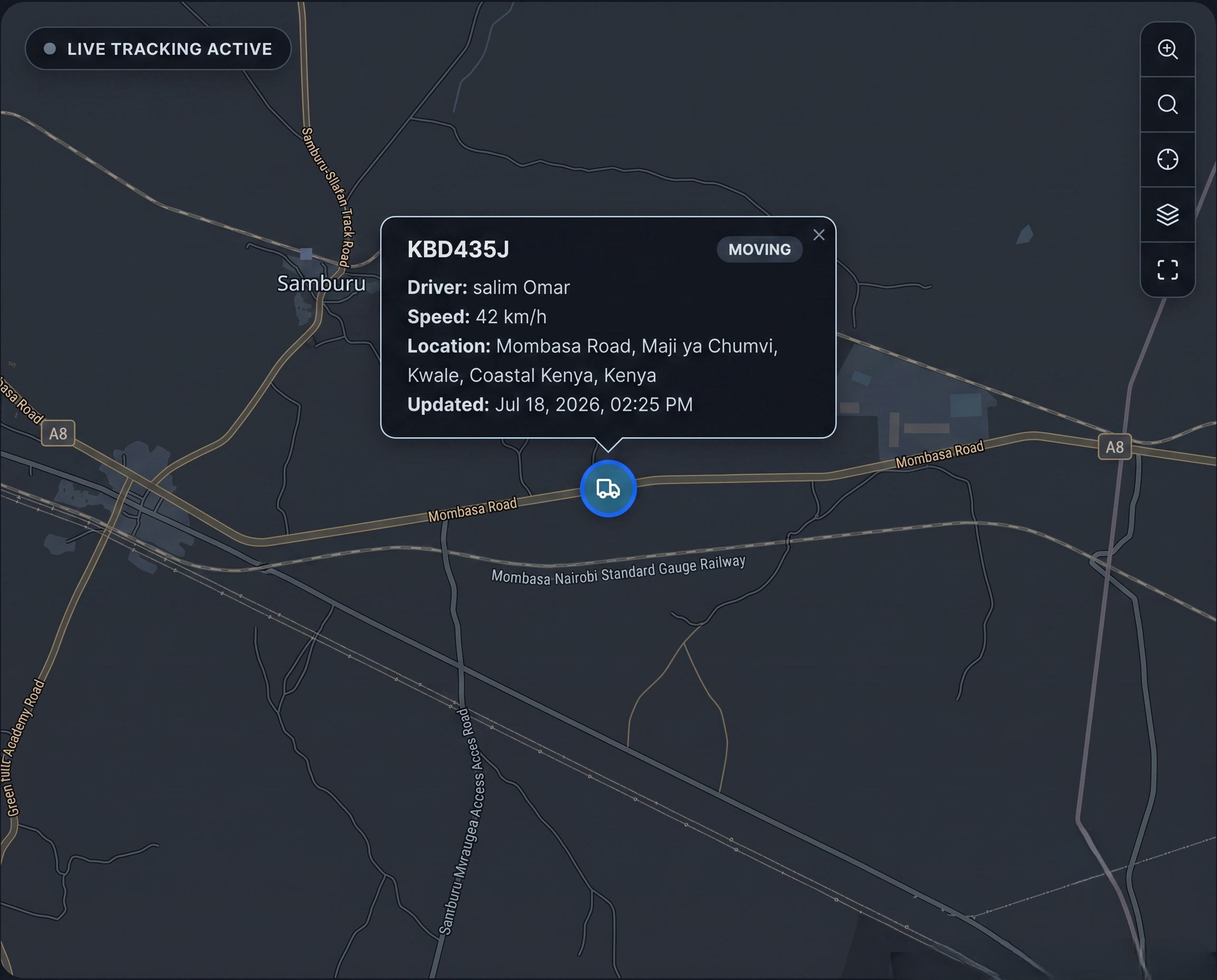 Live vehicle detail view — KBD435J moving on Mombasa Road with driver, speed and location telemetry