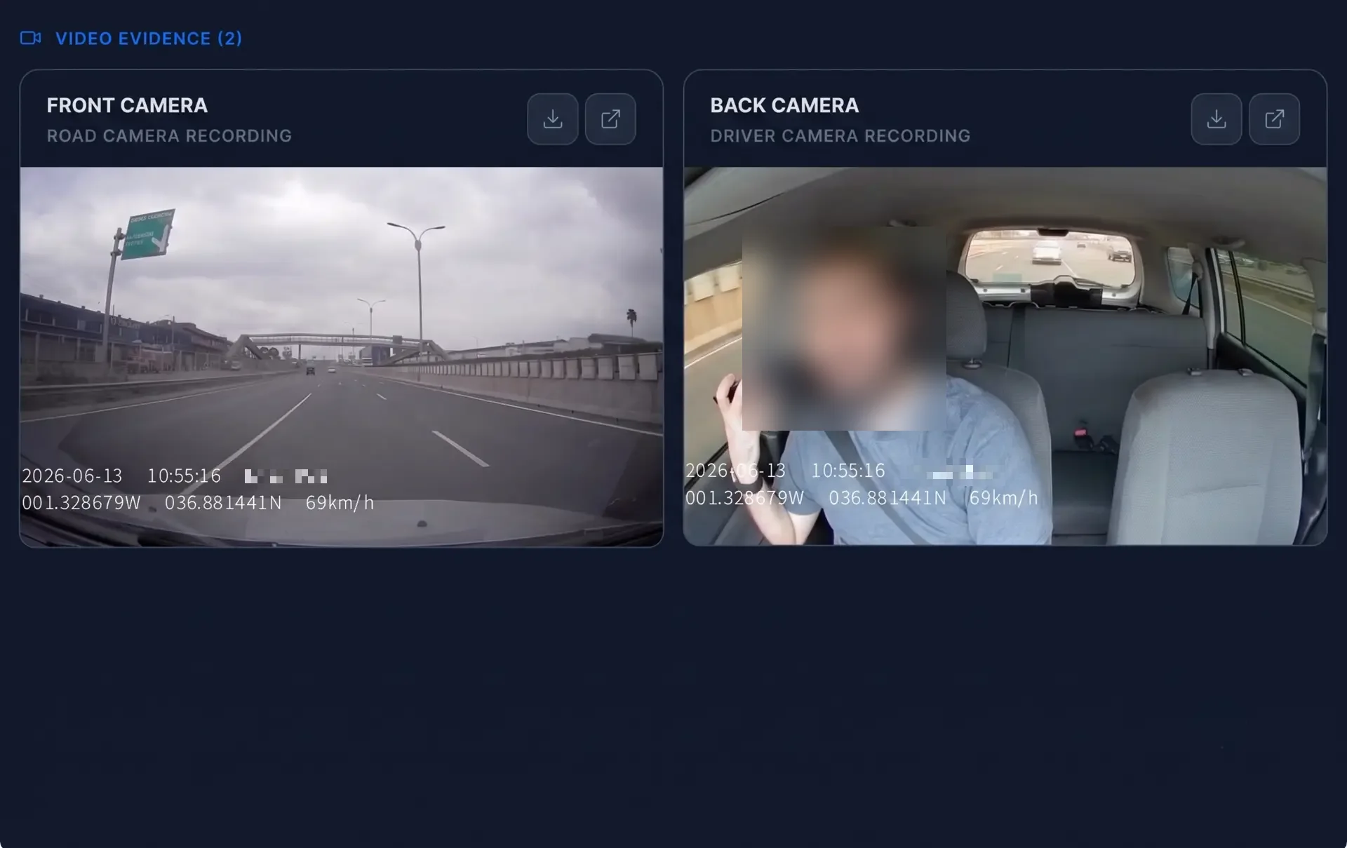AI dash cam view — KDA 887C road-facing camera with detection overlays