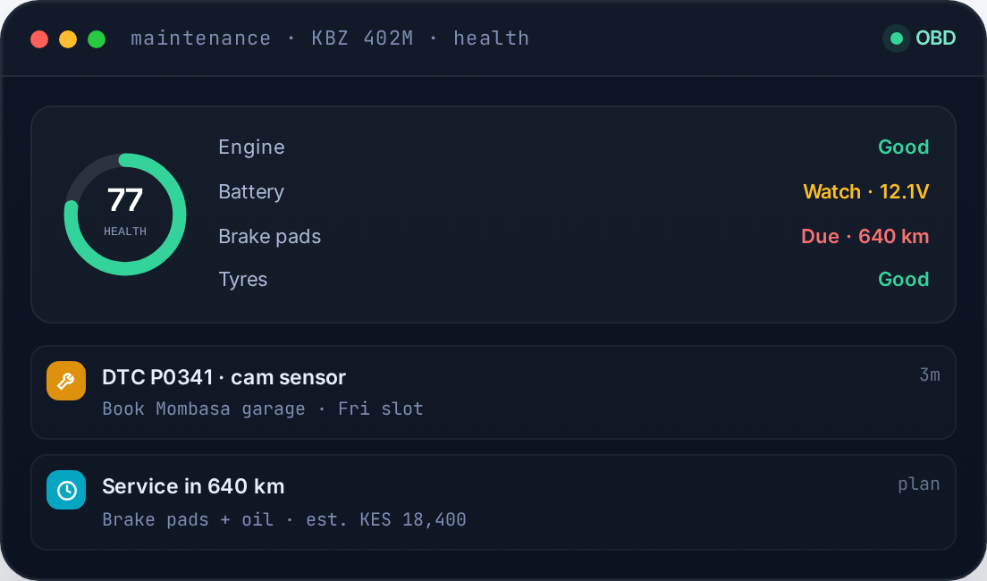 Maintenance view — KBZ 402M component health, fault codes and service due-dates