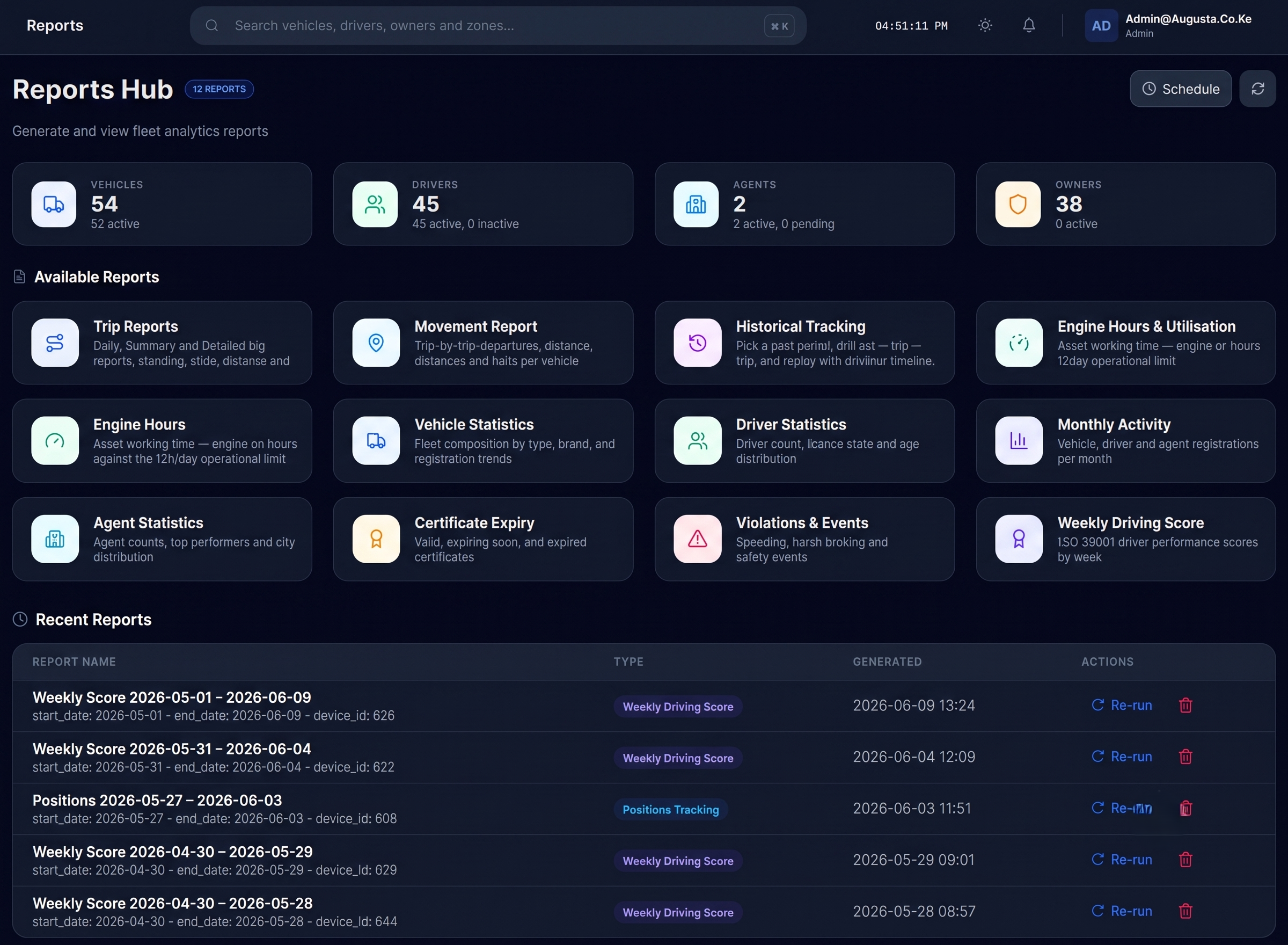 IntelliFleet 360 sacco operations view — safety scores and compliance chips