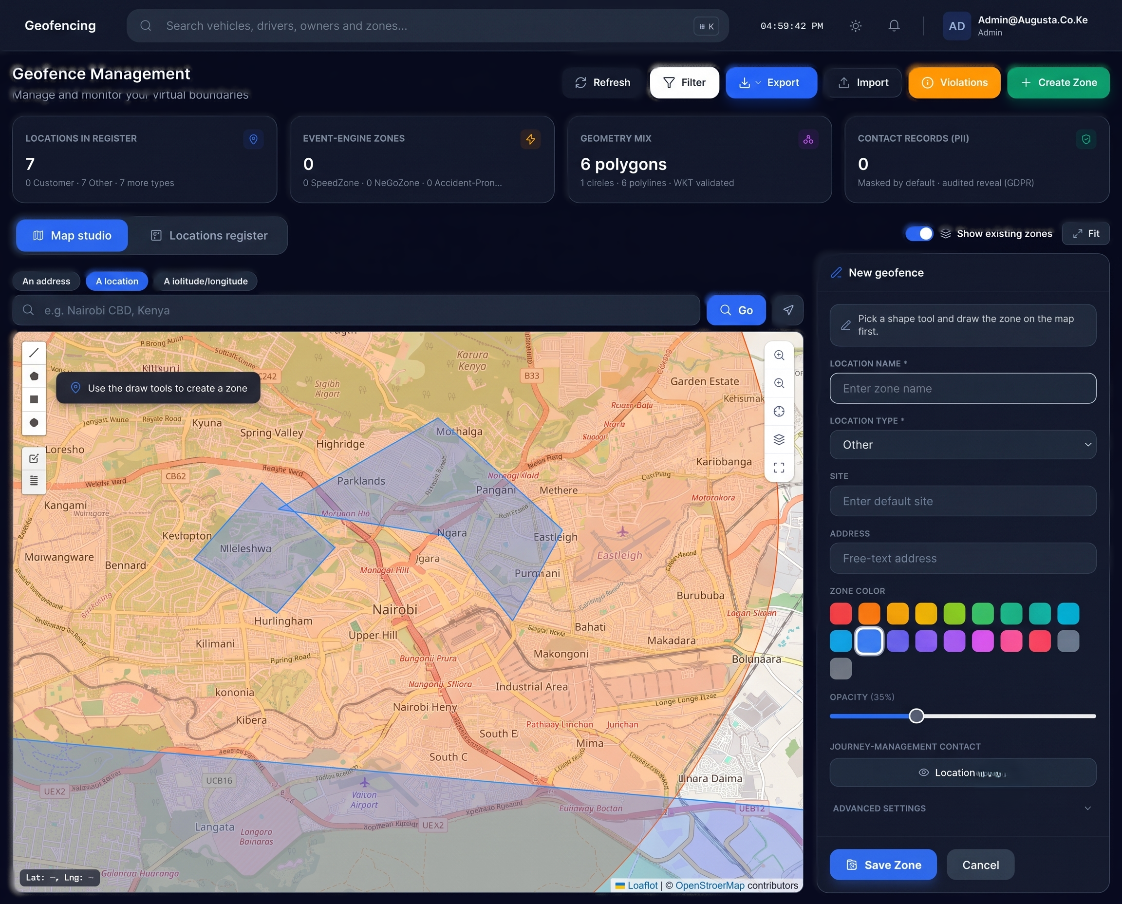 IntelliFleet 360 site operations view — utilisation and geofenced zones